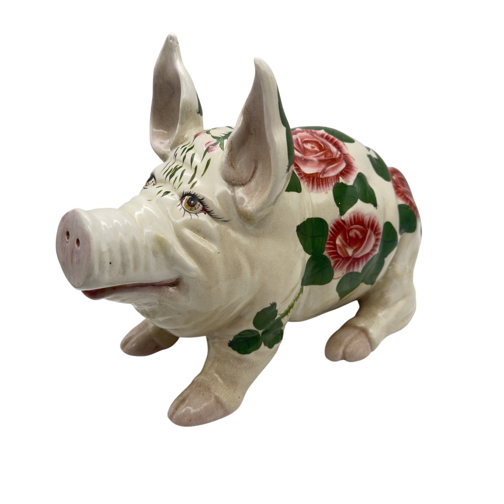 Wemyss Ware Style Pottery Pig Figurine Hand Painted Pink Roses Bee